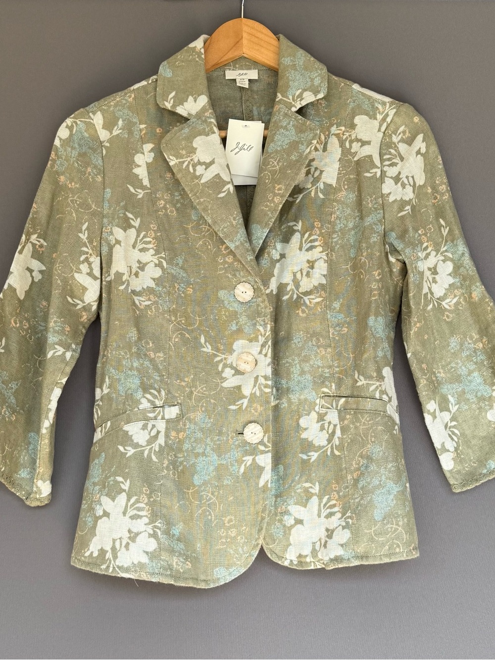 J.Jill 100% Linen Floral Blazer Women's Sage Green XS Petite Cottagecore